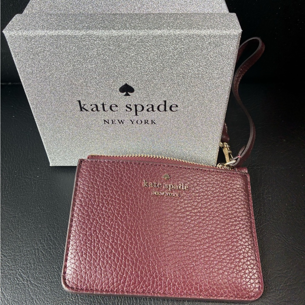 Kate Spade ♠️ Burgundy Wristlet Pouch Leather Wallet - Picture 6 of 9